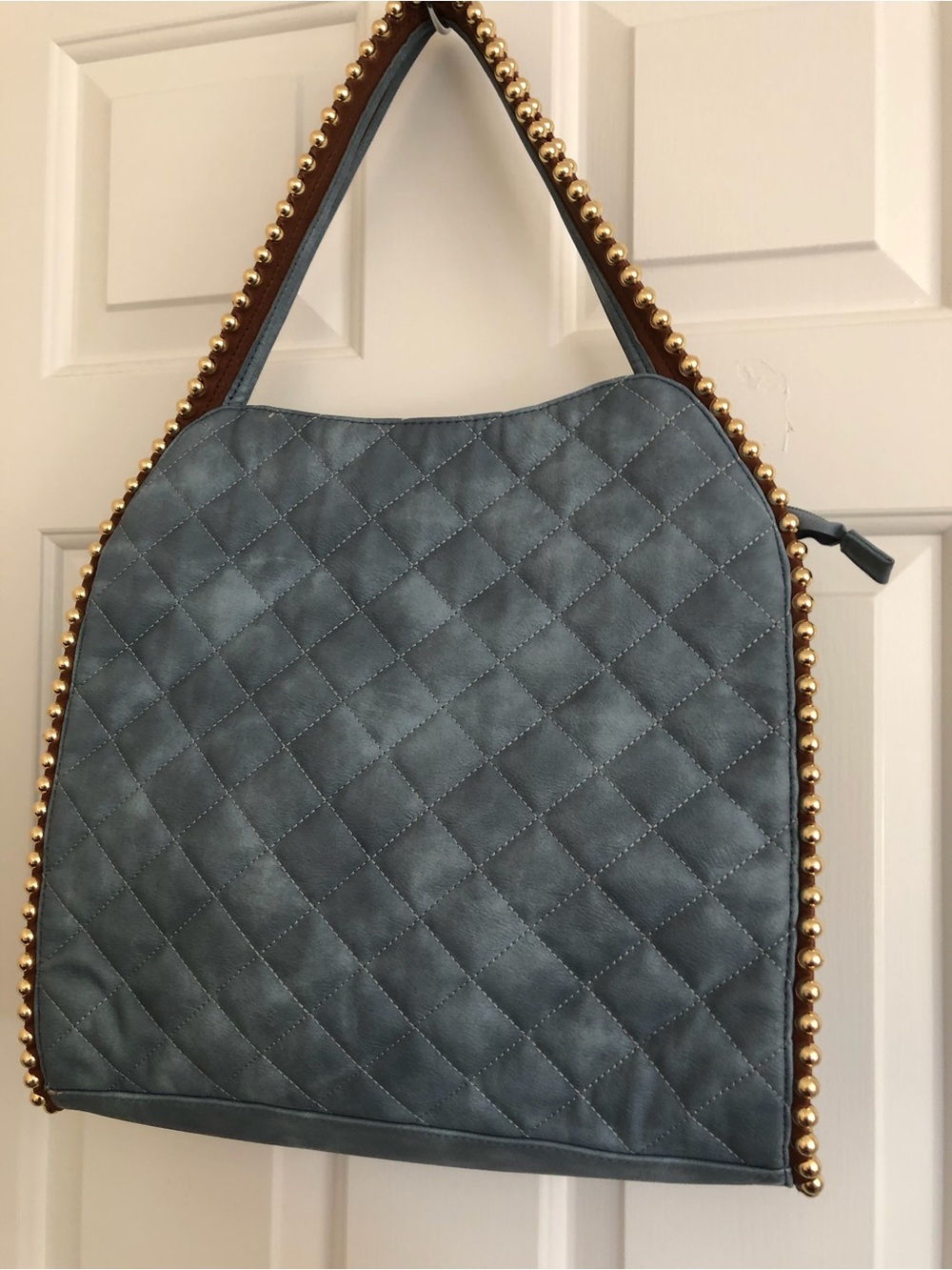 Quilted Slate Blue Shoulder Bag with Gold Stud Trim